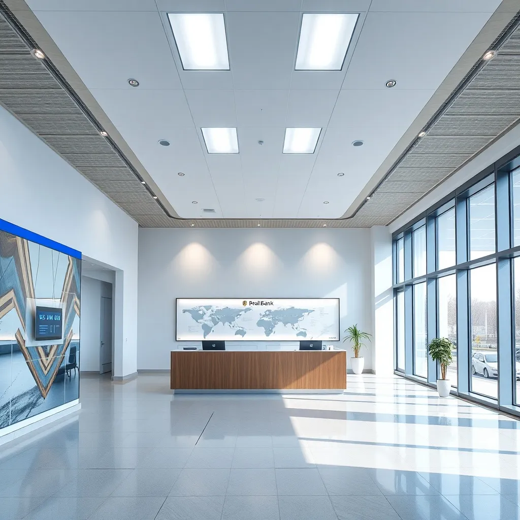 Interior of a modern, professional bank branch in Poland, cl
