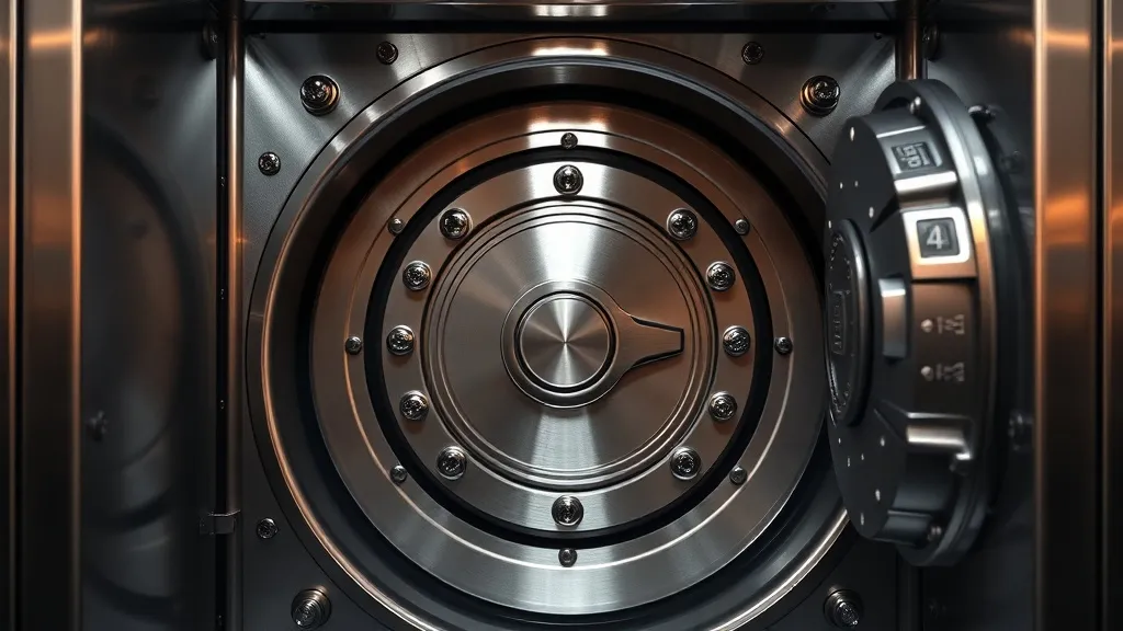 A safe deposit box in a secure vault, metallic textures, pro